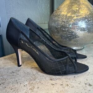 Nina Womens Black Mesh Shimmer Satin Peep Toe 3 1/2" Heel Pump Size 10